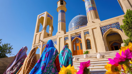 A group of women dressed in vibrant traditional attire approaches a historic mosque's entrance, surrounded by beautiful flowers under a clear blue sky.の素材
