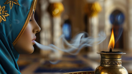 A serene profile of a woman in a stunning veil, breathing ethereal smoke near a flickering candle flame, set in a richly decorated interior.の素材