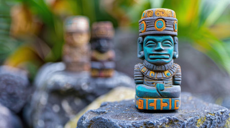 A stunning handcrafted Aztec figurine stands prominently on textured stones, surrounded by lush greenery. This tranquil scene evokes a sense of cultural heritage and artistry, perfect for nature and decoration enthusiasts.の素材