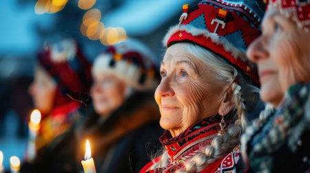 A beautiful scene capturing elderly women adorned in colorful traditional costumes, holding candles with warm smiles during a winter celebration, highlighting cultural heritage.の素材