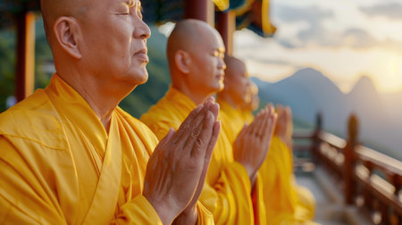 A serene scene showcasing monks in meditation at sunrise, surrounded by a breathtaking mountain landscape. The warm light and peaceful atmosphere create a perfect setting for introspection and mindfulness.の素材