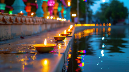 A serene scene featuring decorative floating candles illuminating the water's surface, surrounded by colorful lanterns, capturing the essence of festival celebrations.の素材