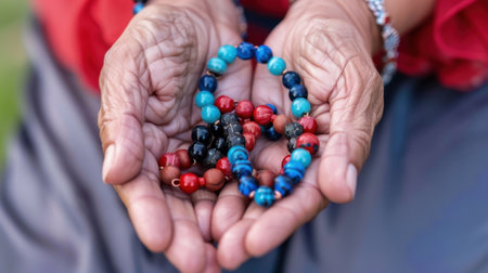 A detailed close-up photograph of hands holding an assortment of vibrant beads arranged in a peace symbol, showcasing intricate craftsmanship and artistic expression.の素材