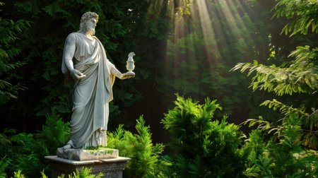 A stunning white marble statue stands elegantly in a vibrant green garden, illuminated by soft sunlight. The scene evokes tranquility and beauty, ideal for artistic inspiration.の素材
