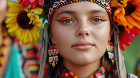 This captivating portrait features a young woman adorned in vibrant traditional attire and a stunning floral headpiece, showcasing unique cultural beauty.の素材