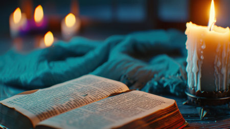 An ancient book lies open beside a glowing candle, surrounded by a soft fabric, evoking a warm and spiritual atmosphere perfect for meditation or relaxation.の素材