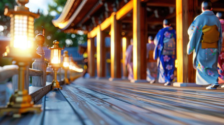 A captivating scene showcasing elegant individuals in vibrant kimonos walking along a wooden path adorned with softly glowing lanterns against a stunning sunset backdrop.の素材