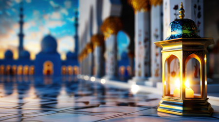 A captivating lantern illuminates the ornate interior of a mosque during sunset, showcasing intricate architecture and a serene atmosphere.の素材
