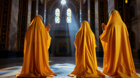 Three figures in vibrant yellow robes are praying in a tranquil sanctuary, bathed in soft light filtering through colorful stained glass windows.の素材