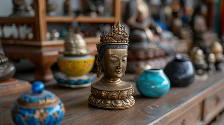 A stunning Buddha head sculpture crafted in bronze, surrounded by various colorful artifacts that create a calming and artistic atmosphere.の素材