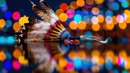 This image showcases a colorful Native American feather headdress set against a vibrant bokeh background, emphasizing cultural significance and artistry.の素材