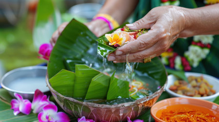 A close-up view of a hand preparing traditional Thai food, showcasing fresh ingredients layered on green banana leaves, adorned with vibrant flowers.の素材
