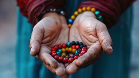 A close-up of hands gently holding colorful bracelets made of red, black, and blue beads, showcasing traditional craftsmanship against a soft backdrop.の素材