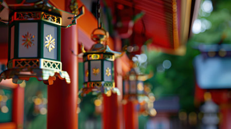 Explore the beauty of traditional Japanese lanterns hanging in a serene garden, showcasing vibrant colors and intricate designs that reflect cultural elegance.の素材