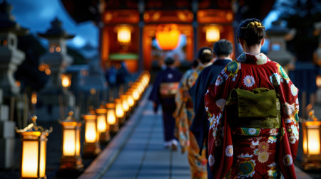 A vibrant scene capturing people in colorful kimono walking along a path lined with lanterns during a traditional festival at night in Japan.の素材