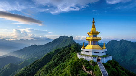 A stunning mountain temple featuring a golden pagoda perched above lush green hills. This serene landscape invites exploration and reflection in nature's beauty.の素材
