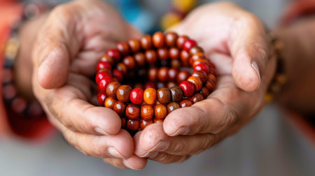 A close-up view of hands gracefully holding colorful wooden beads and bracelets, showcasing intricate details and warm tones that evoke a sense of tranquility.の素材