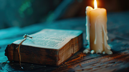 A vintage book rests beside a softly glowing candle, creating a warm atmosphere perfect for quiet reading. Ideal for themes of relaxation and meditation.の素材