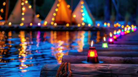 A serene lakeside view featuring colorful lanterns and flickering candles on a wooden pier, creating a magical ambiance for evening relaxation.の素材