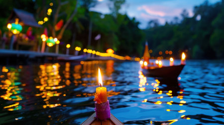 A mesmerizing evening scene featuring floating candles illuminating the water as colorful lanterns adorn the riverside, creating a serene atmosphere perfect for relaxation and celebration.の素材