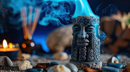 This captivating image features an intricately designed stone sculpture with ethereal smoke drifting upward, surrounded by pebbles and candlelight. Perfect for themes of relaxation and spirituality.の素材