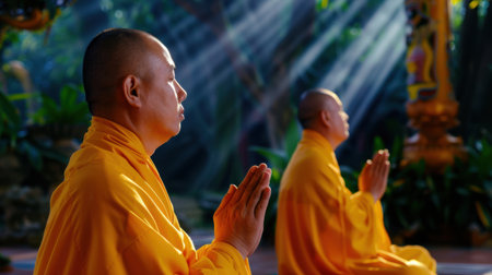 Two monks in yellow robes engage in deep meditation surrounded by lush greenery, with soft light streaming through the trees, creating a peaceful atmosphere.の素材