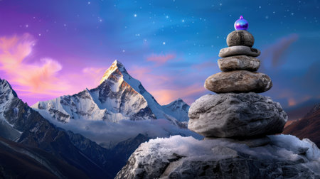A breathtaking mountain landscape featuring a serene stack of stones topped with a colorful ornament, bathed in the soft light of dawn.の素材