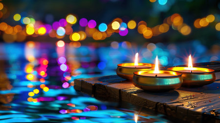 This captivating image showcases floating candles on water, creating a warm glow in a beautifully blurred, colorful bokeh background, evoking tranquility.の素材