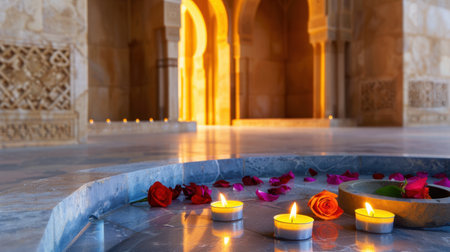 A tranquil scene featuring floating candles surrounded by rose petals, set in a beautifully designed architectural space that evokes calmness and peace.の素材