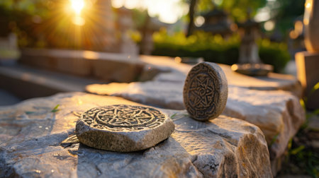 A captivating close-up of decorative stone carvings resting on a natural rock surface, illuminated by soft sunrise lighting, creating a serene atmosphere.の素材