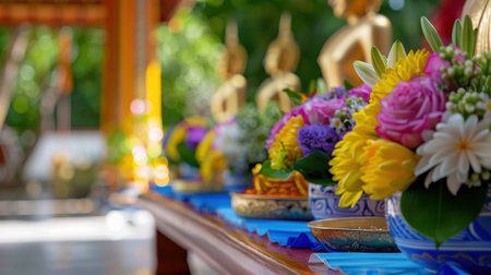This image showcases a serene setting featuring colorful floral arrangements for altar ceremonies with Buddha statues. The vibrant flowers symbolize spirituality and beauty, creating a peaceful atmosphere in nature. The scene captures the essence of tradition and tranquility.の素材