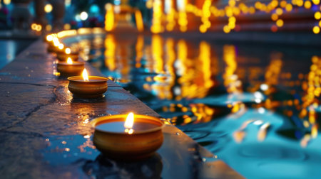 A serene view featuring lit diyas lining the edge of water, reflecting warm glows and surrounded by festive lights, evoking tranquility and beauty.の素材