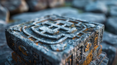 This striking image captures an ancient stone block adorned with intricate carvings, nestled among weathered rocks and vivid greenery, evoking a sense of history.の素材