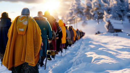 A vibrant group of people clad in colorful cloaks walks through a snowy landscape at sunset. The scene captures the beauty of winter, highlighting the peacefulness of nature and the warmth of community amidst the cold environment.の素材