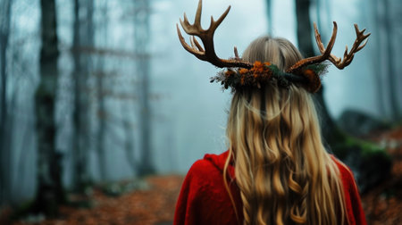 A captivating scene featuring a young woman in a misty forest, wearing a unique antler headpiece. The enchanting atmosphere evokes feelings of adventure and magic.の素材