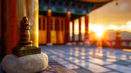 A stunning view of a Buddhist temple during sunset, featuring a decorative stupa and intricate architecture, bathed in soft golden light.の素材