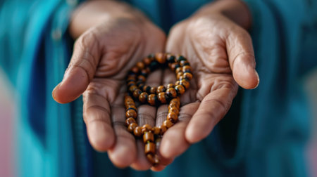 Close-up of hands gently holding beautifully crafted prayer beads, symbolizing spirituality and inner peace with a vibrant soft backdrop, evoking calmness and reflection.の素材