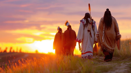A group of indigenous people walking together into a vibrant sunset during a cultural ceremony, embodying unity and deep connection to nature.の素材