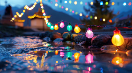 This stunning image captures colorful string lights reflecting on a gentle water surface during twilight, creating a serene and festive ambiance.の素材