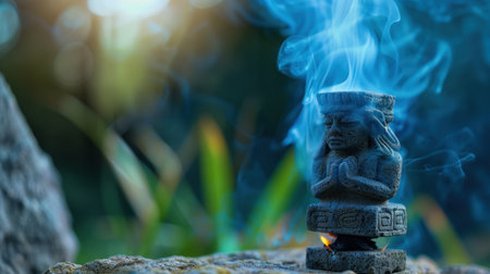 A mesmerizing stone sculpture exudes tranquility as wisps of smoke grace the air, set against a vibrant natural backdrop during sunset.の素材