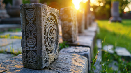 This captivating image showcases an ancient stone carving, intricately designed, basking in warm golden light. The soft focus highlights natural beauty and textures.の素材