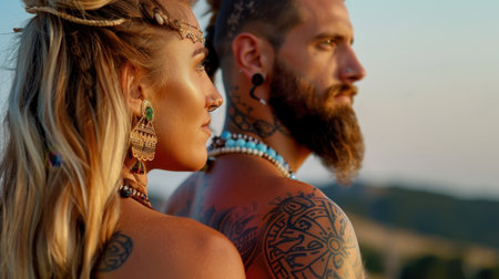A captivating sunset scene featuring a tattooed couple in bohemian attire, showcasing their love and connection against a stunning natural backdrop.の素材