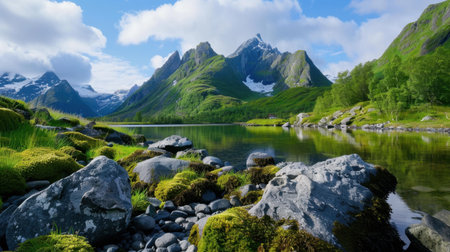 Breathtaking view of a serene mountain landscape featuring a clear lake reflecting majestic peaks, surrounded by verdant greenery and dynamic clouds.の素材