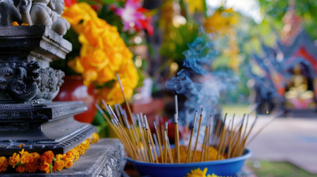 Captivating scene of a vibrant shrine adorned with incense and flowers, evoking peace and spirituality, perfect for ceremonies and cultural celebrations.の素材