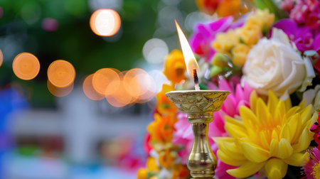 A serene candle flame stands gracefully among a stunning arrangement of colorful flowers, creating a warm and inviting atmosphere perfect for celebrations.の素材