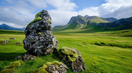 This breathtaking image captures a vibrant green landscape featuring a prominent rock formation set against majestic mountains and cloudy skies.の素材