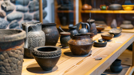 This image showcases an impressive collection of traditional ceramics and pottery artifacts arranged neatly on a wooden table in a museum setting.の素材