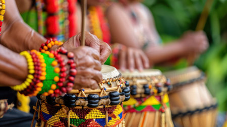 A captivating image showcasing a vibrant traditional drumming performance. Hands adorned with colorful beads expertly play drums in a lush outdoor setting, celebrating culture and rhythm.の素材