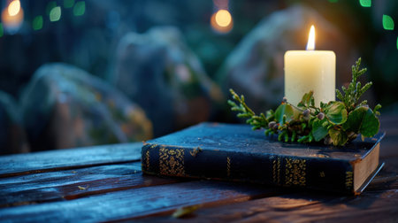 A serene scene featuring a lit candle atop an antique book, surrounded by lush greenery in an enchanting forest setting at night. The warm glow enhances the tranquil atmosphere, perfect for relaxation or reflection.の素材
