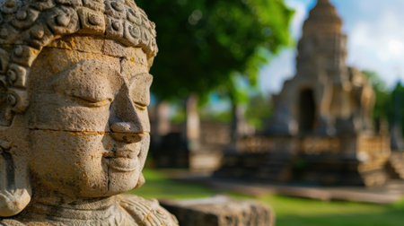 This captivating image features a stone Buddha statue exuding serenity, set against a backdrop of lush greenery and intricate ancient architecture, perfect for promoting tranquility and mindfulness.の素材